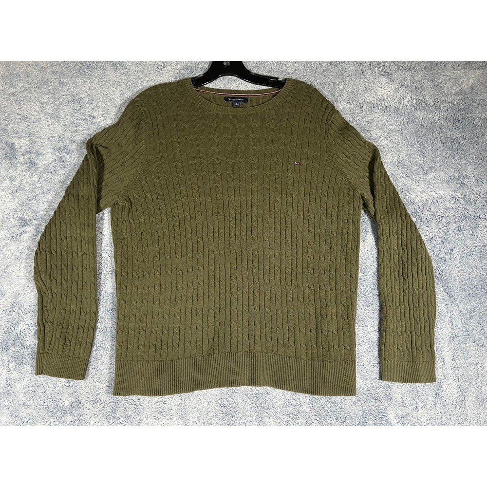 Tommy Hilfiger Mens XL Olive Green Cable Knit Cotton Crew Neck Sweater‎ Pullover